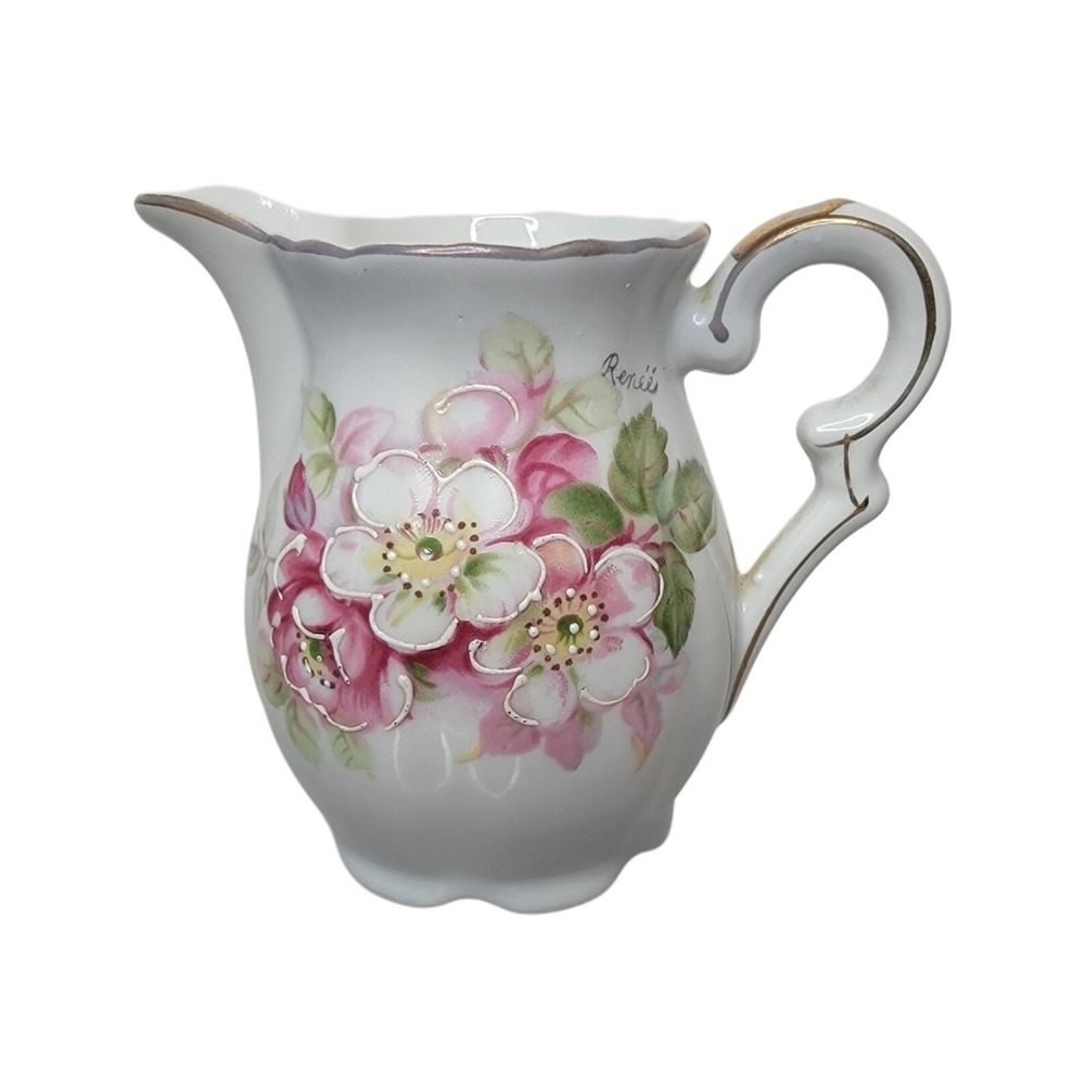 Vintage KALK PORCELAIN GREEN BLUE CREAMER, SIGNED RENEE, HAND Painted, ARNART